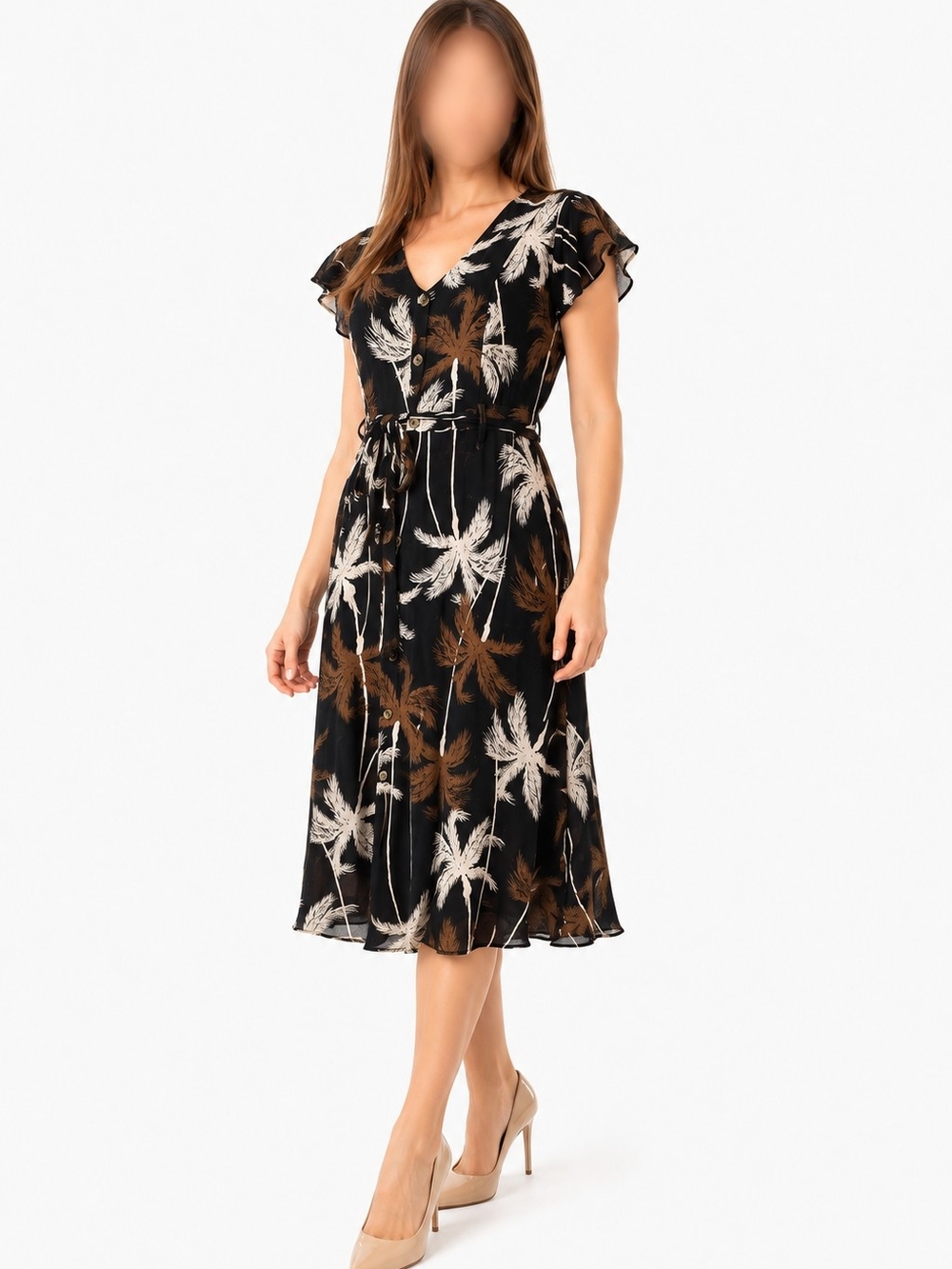 🔥2 For 39$🔥Suzy Shier Black Palm-Print Midi Dress with Brown and White Palms